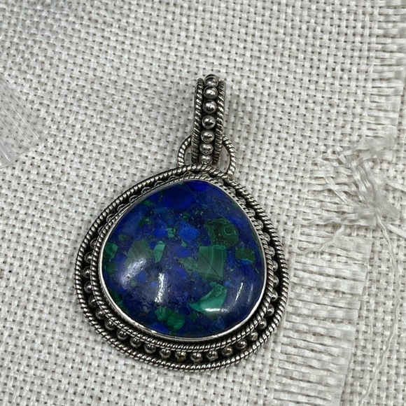 Vintage 925 Sterling Silver Azurite-Malachite Pendant - Picture 4 of 17